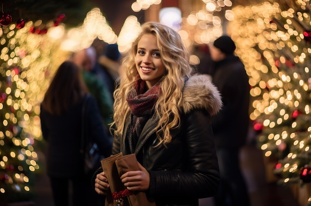 KI-generiertes Bild eines Teenagers mit Geschenk auf dem Weihnachtsmarkt. Hochwertiges Foto