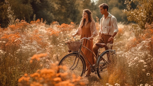 KI-generiertes Bild eines Vintage-Paares, das auf dem Land Fahrrad fährt