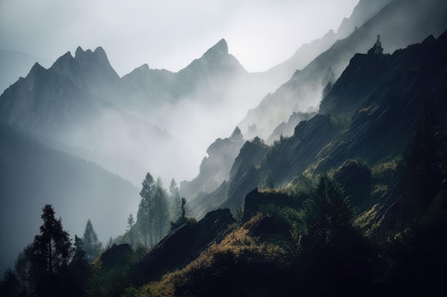 KI-generiertes Bild von Bergen im Nebel