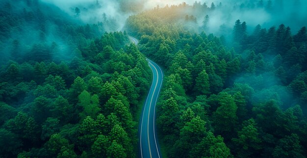 KI-generiertes Bild von Bergstraßen, die sich durch den Wald schlängeln