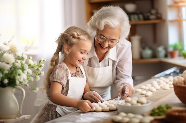 KI-generiertes Bild von Oma und Enkelin beim Backen. Hochwertiges Foto