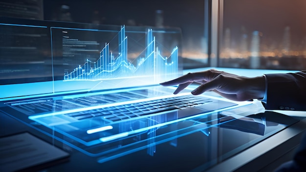 KI-generiertes Geschäftsmann, das auf ein holographisches Börsendiagramm zeigt