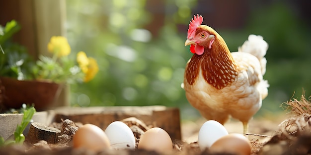 KI-generiertes KI-generatives Bio-Öko-Hühnerhuhn und Ei auf einem Bauernhof auf dem Land