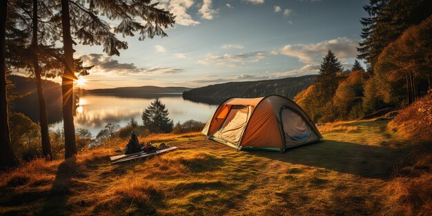 KI-generiertes KI-generatives Camping, Entspannungszeit, Zelt am See, wunderschöne Landschaft