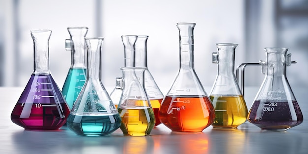 KI-generiertes KI-generatives chemisches Medizinlabor-Set aus volumetrischen Glasflaschen für die grafische Forschung