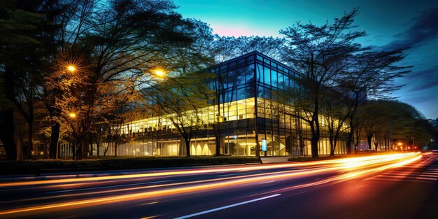 KI-generiertes KI-generatives Finanzgeschäftszentrum bei nächtlicher Stadtbewegungsansicht