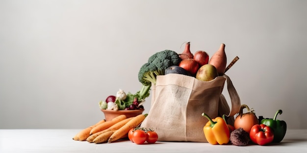 KI-generiertes KI-generatives frisches ökologisches Obst und Gemüse in weißen Öko-Toschen