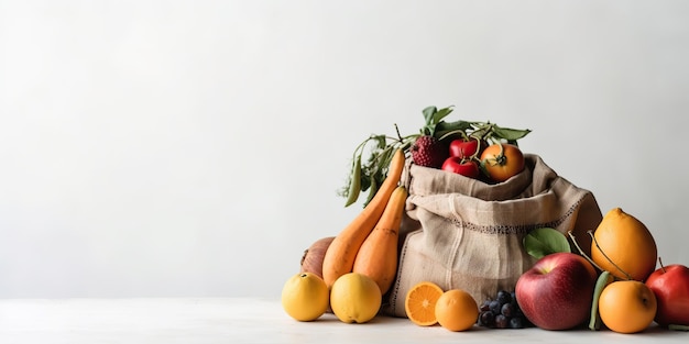 KI-generiertes KI-generatives frisches ökologisches Obst und Gemüse in weißen Öko-Toschen