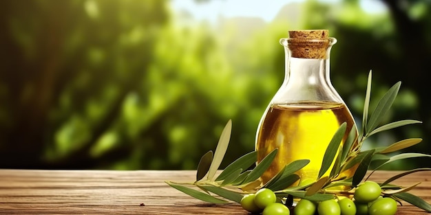 KI-generiertes KI-generatives Olivenöl auf hölzernem Hintergrundtisch, Natur-Außenmodell