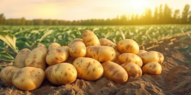 KI-generiertes KI-generatives vegetarisches Essen. Ernten Sie landwirtschaftliche Kartoffeln auf der grünen Wiese