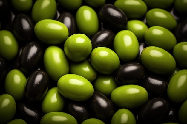 KI-generiertes Muster grüner und schwarzer Oliven
