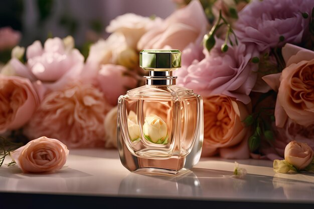 KI-generiertes Parfüm in einer Glasflasche auf dem Tisch mit Blumen im Hintergrund