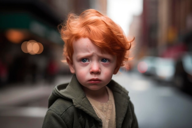 KI-generiertes Porträt eines aufrichtigen, authentischen, erschreckenden rothaarigen kleinen Jungen vor dem Hintergrund einer städtischen Straße