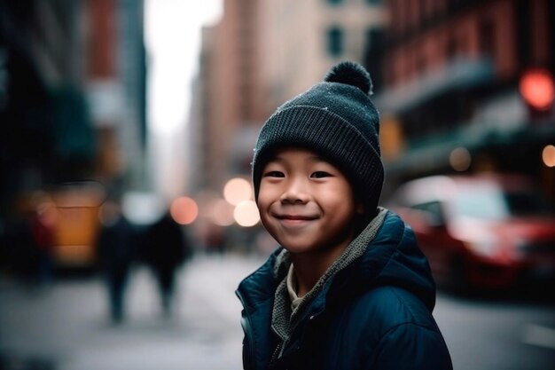KI-generiertes Porträt eines aufrichtigen, authentischen, freudigen, glücklichen asiatischen Kindes vor dem Hintergrund einer städtischen Straße