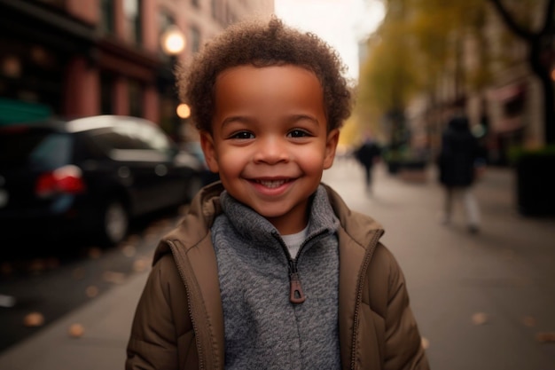 Foto ki-generiertes porträt eines aufrichtigen, authentischen, fröhlichen afroamerikanischen jungen vor dem hintergrund einer städtischen straße