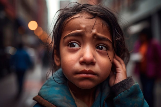KI-generiertes Porträt eines aufrichtigen, authentischen, furchteinflößenden indischen kleinen Mädchens vor dem Hintergrund einer städtischen Straße