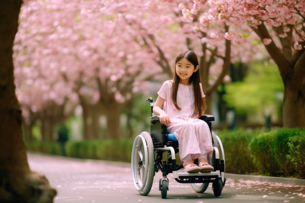 KI-generiertes Porträt eines ehrlichen, authentischen, freudigen, glücklichen, behinderten Kindes, Mädchens, Rollstuhls im Freien, Frühling