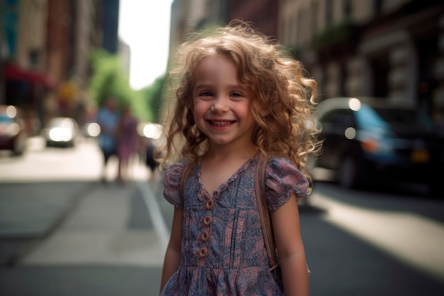 KI-generiertes Porträt eines ehrlichen, authentischen, glücklichen, blonden, weißen Kindes vor dem Hintergrund einer städtischen Straße
