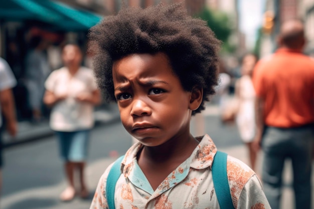 KI-generiertes Porträt eines verängstigten afroamerikanischen kleinen, aufrichtigen Jungen vor dem Hintergrund einer städtischen Straße