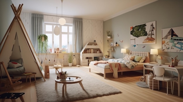 KI-generiertes, skandinavisch inspiriertes Kinderzimmer