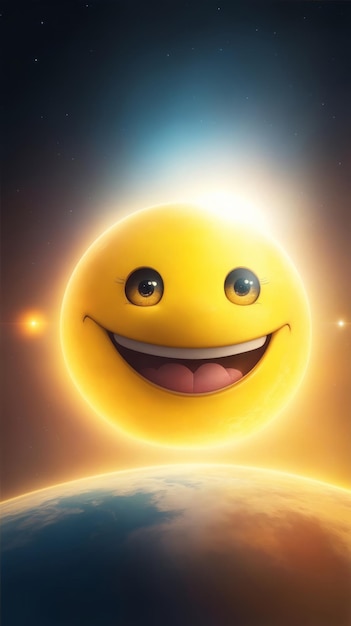 KI-generiertes Weltlächeln-Tag-Bild, das auf der Erde in Form eines gelben Smiley-Balls schwimmt