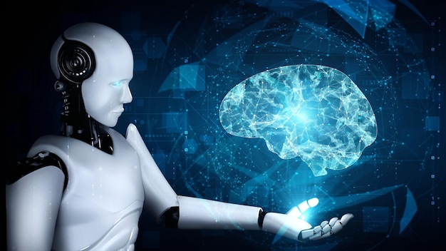 KI-Hominoid-Roboter hält einen virtuellen Hologrammbildschirm und zeigt das Konzept eines KI-Gehirns
