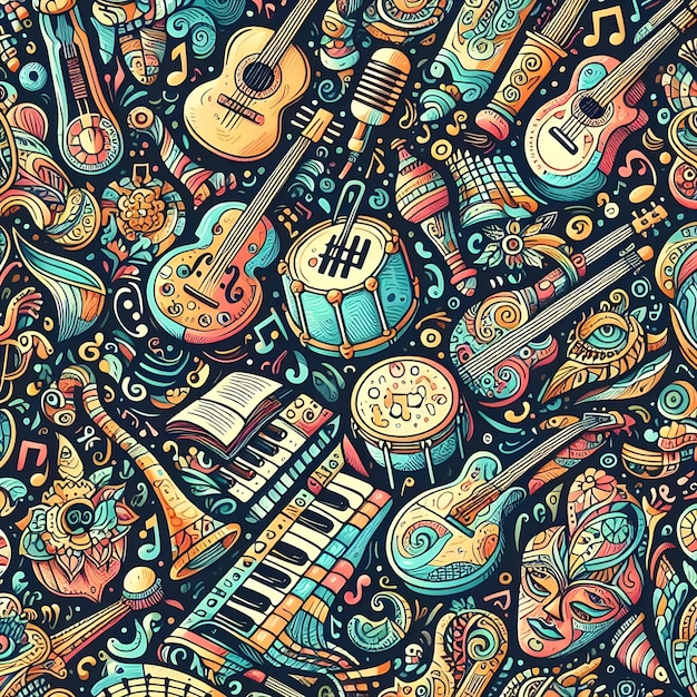 KI mit farbenfrohen nahtlosen Mustern mit gezeichneten Musikinstrumenten und Noten