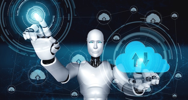 KI-Roboter mit Cloud-Computing-Technologie zum Speichern von Daten auf Online-Server