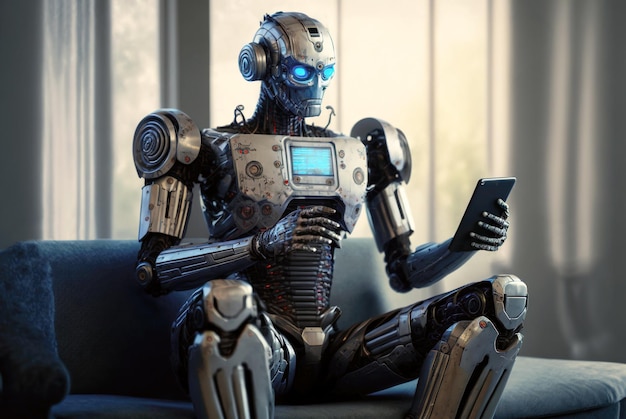 KI-Roboter verwendet ein Mobiltelefon, das auf der Couch im Hauszimmer sitzt, generative KI