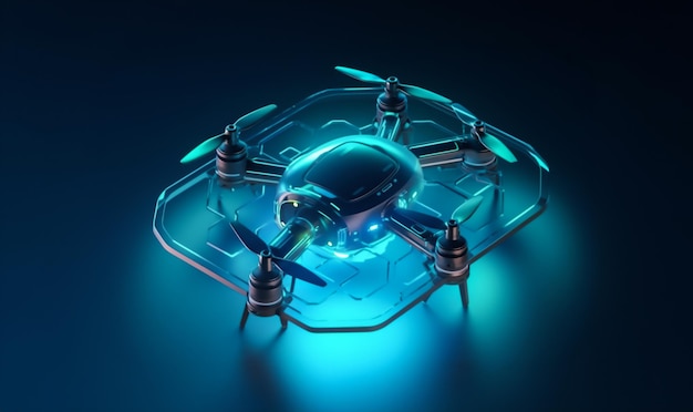 KI-Technologie Drone 3D-Quadrocopter in isometrischer Ansicht Drone auf dunklem Hintergrund