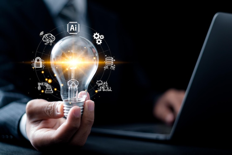 Foto ki-technologie-konzept geschäftsmann hält eine glühbirne mit ki-werkzeugen für große datennetzverbindungen ki-lernwissenschaft und künstliche intelligenz technologieinnovation für futuristische