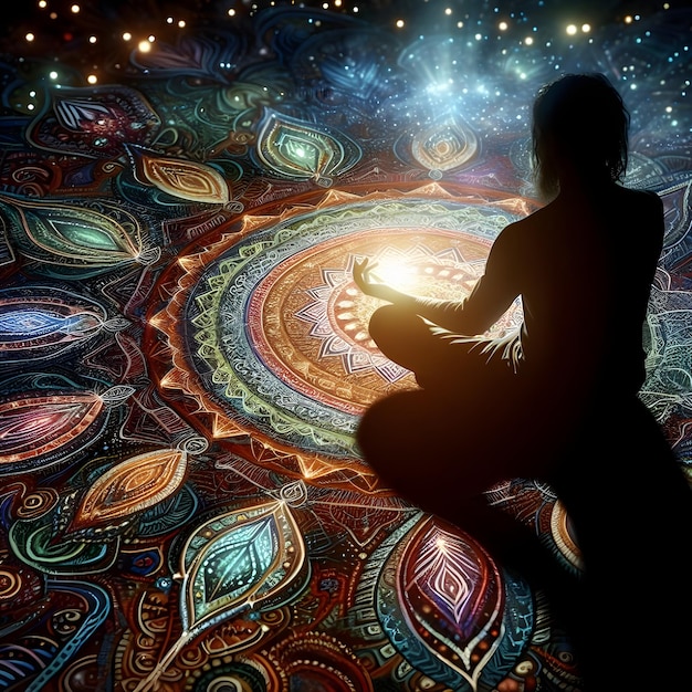 KI von einem dunklen Schatten von jemand entwirft eine magische farbenfrohe Mandala leuchtet auf dem Boden