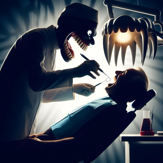 KI von lustigen Karikaturszene von Zahnärzten, die Patienten mit der Hand aus dem Zahn ziehen, in Silhouette