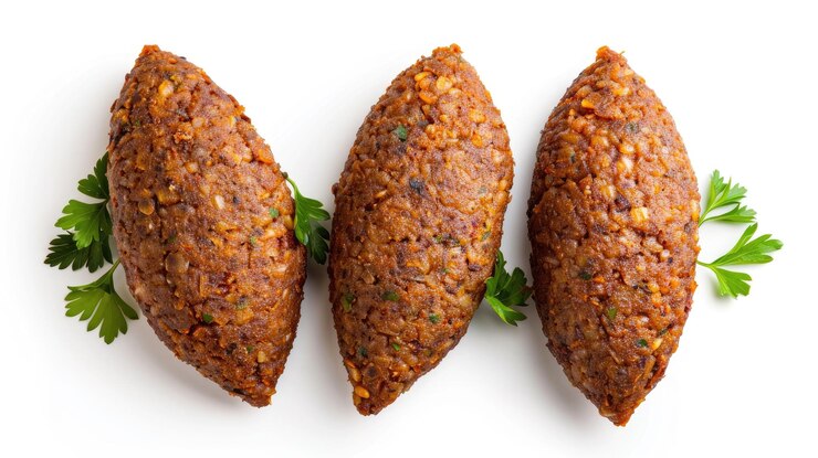 Foto kibbeh libanês tradicional isolado em fundo branco vista superior perfeita para temas de culinária do oriente médio com amplo espaço de cópia