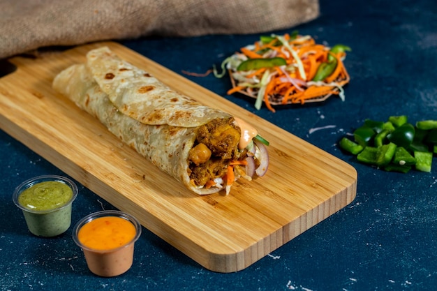 Kichererbsen-Huhn-Shawarma-Wrap mit Salat-Dip und Soße isolierte Holzbrett-Seitenansicht von Fastfood