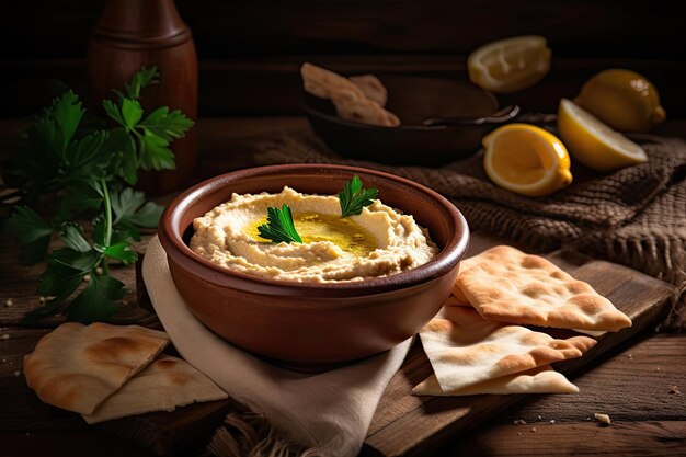 Kichererbsen-Hummus und Fladenbrot auf Holztisch AI generativ