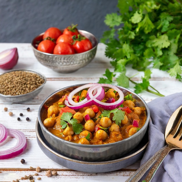 Foto kichererbsen masala chole masala curry traditionelles nordindisches mittagessen abendessen weißer hintergrund