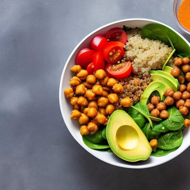 Kichererbsensalat mit Tomaten, Avacado und Minze auf grauem Hintergrund