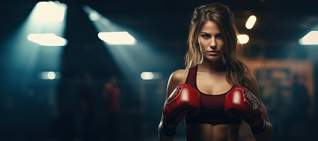 Kickboxende Frau in Sportkleidung und roten Kickboxinghandschuhen auf schwarzem Hintergrund führt einen Kampfkunst-Kick durch Sportübung Fitness-Workout generiert mit KI