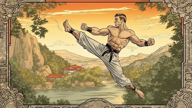 Kickboxer lanzando una patada redonda Concepto de fantasía Pintura de ilustración