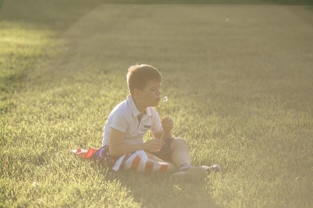 Kid boy celebrando el 4 de julio Día de la Independencia de los EE. UU. Niño corriendo con el símbolo de la bandera americana de los Estados Unidos sobre el campo de trigo