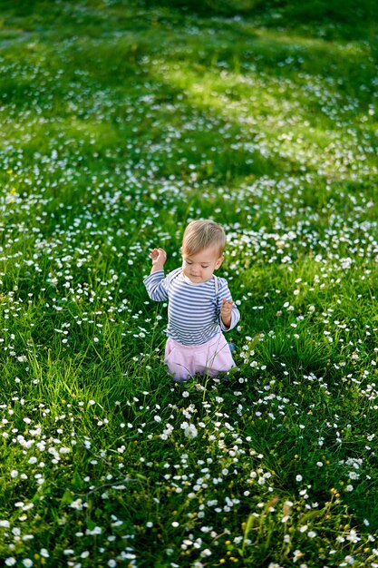 Kid está arrodillado en medio de un prado de flores