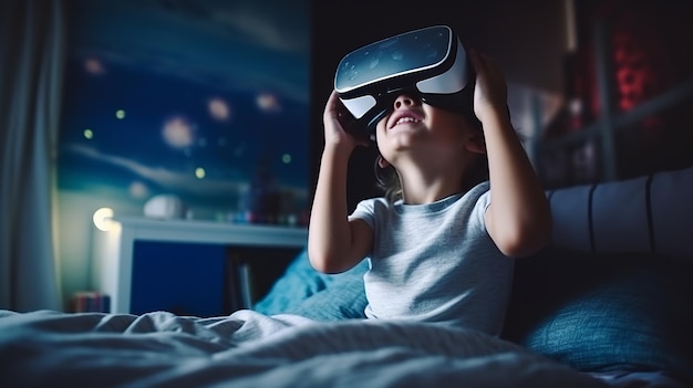Kid interactúa usando casco de realidad virtual para interactuar con el mundo imaginario