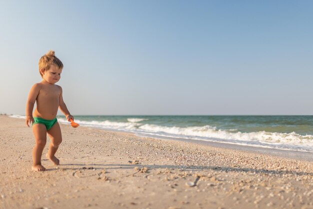 Kid recoge conchas y guijarros en el mar sobre un fondo arenoso bajo el sol de verano en vacaciones