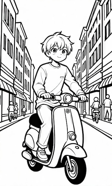 Kid Riding Scooter AICreated Página para colorir para Busy Street Adventure