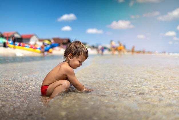 Kid sammelt Muscheln und Kieselsteine im Meer auf einem sandigen Boden unter der Sommersonne im Urlaub