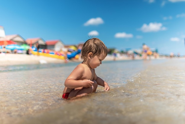 Kid sammelt Muscheln und Kieselsteine im Meer auf einem sandigen Boden unter der Sommersonne im Urlaub