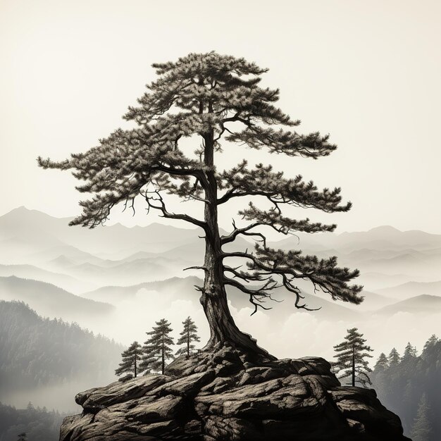 Kiefer auf einem Berg Illustration eines Baumes Traditionelle chinesische Schwarz-Weiß-Tinte Malerei eines Baumes Einsamer Wachmann Ein Nadelbaum in einer bergigen Landschaft