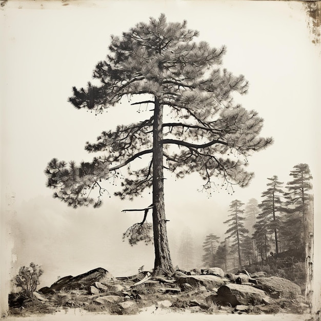 Kiefer auf einem Berg Illustration eines Baumes Traditionelle chinesische Schwarz-Weiß-Tinte Malerei eines Baumes Einsamer Wachmann Ein Nadelbaum in einer bergigen Landschaft