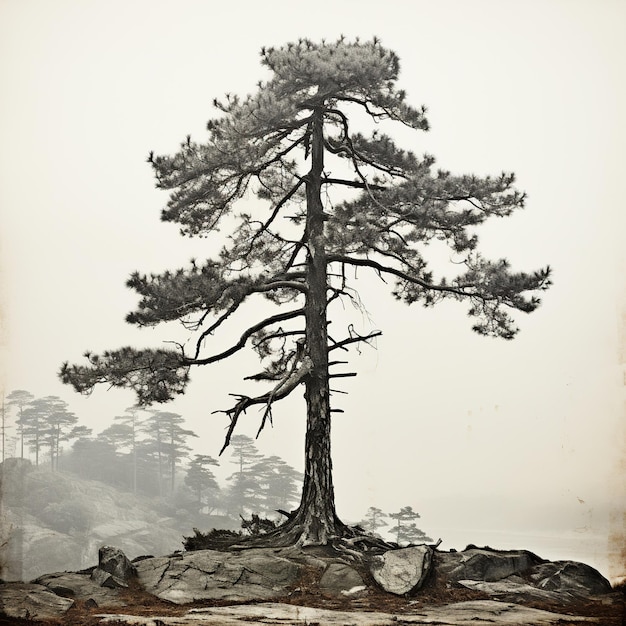Kiefer auf einem Berg Illustration eines Baumes Traditionelle chinesische Schwarz-Weiß-Tinte Malerei eines Baumes Einsamer Wachmann Ein Nadelbaum in einer bergigen Landschaft